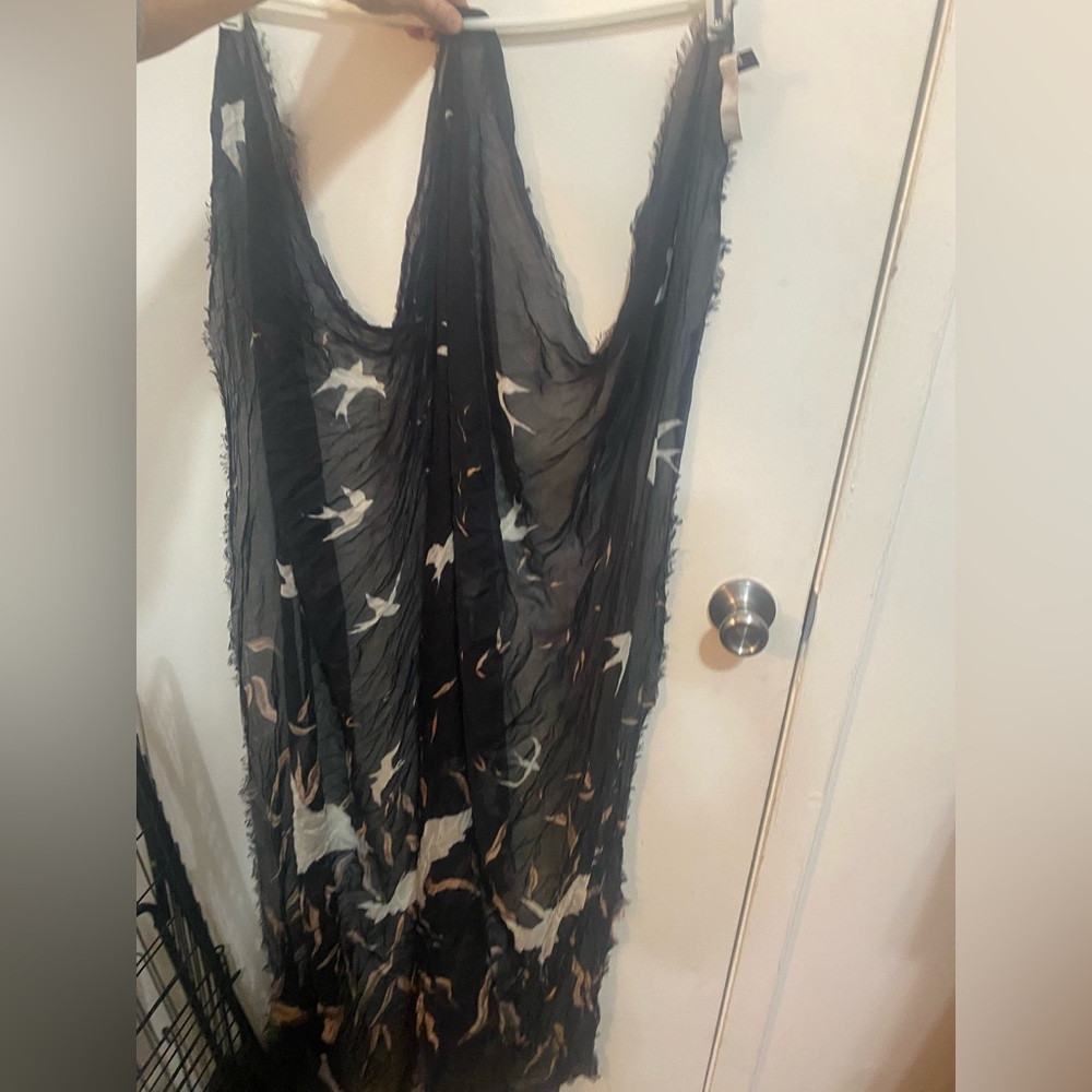 ADEAM Black Sheer Wrap with Bird Pattern